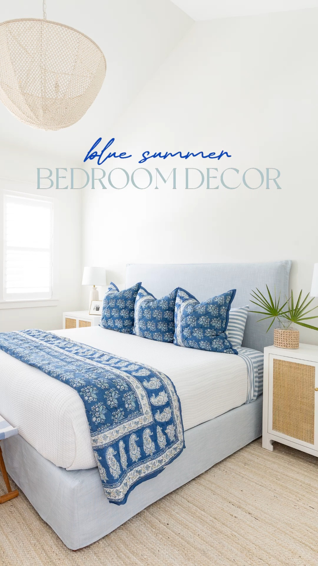 A look at our blue summer bedding! I love that the quilt and euro shams are reversible with two gorgeous flower prints! It looks so pretty with our striped blue sheets, white beaded chandelier, rattan nightstands, and light blue upholstered bed! Get more details and see all the images here: https://lifeonvirginiastreet.com/blue-summer-bedroom-decor/.
.
#ltkhome #ltkseasonal #ltksalealert #ltkstyletip #ltkfindsunder100 #ltkfindsunder50 #ltkvideo

#LTKSaleAlert #LTKSeasonal #LTKHome