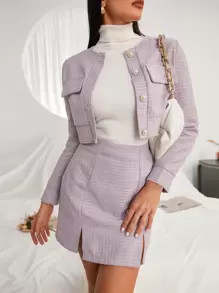 Plaid Tweed Crop Jacket & Split Hem Skirt | SHEIN