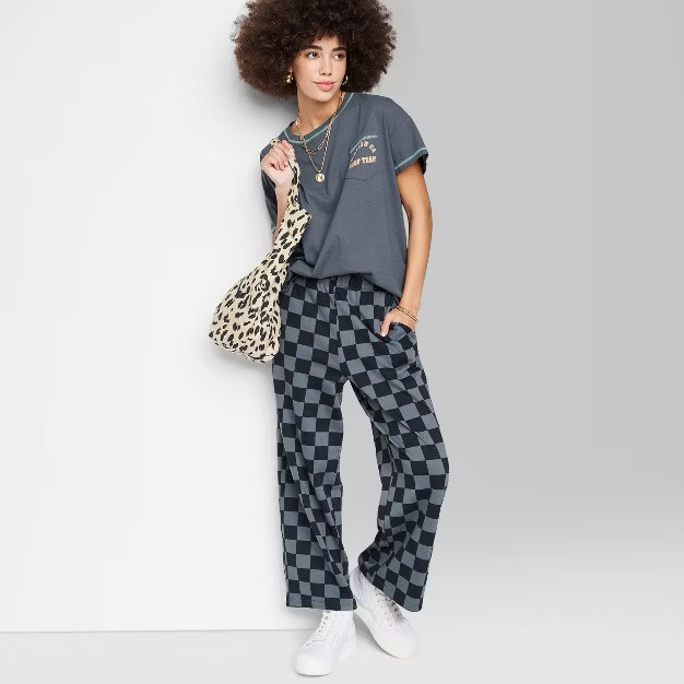 Women's Ascot + Hart Checkered Graphic Wide Leg Pants - Black | Target