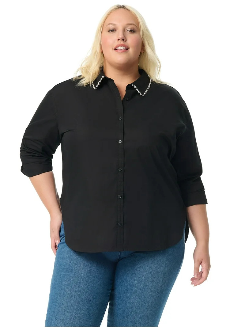 Gloria Vanderbilt Swan Series Women's Plus Amanda Shirt with Embellished Collar, Sizes 0X-4X | Walmart (US)