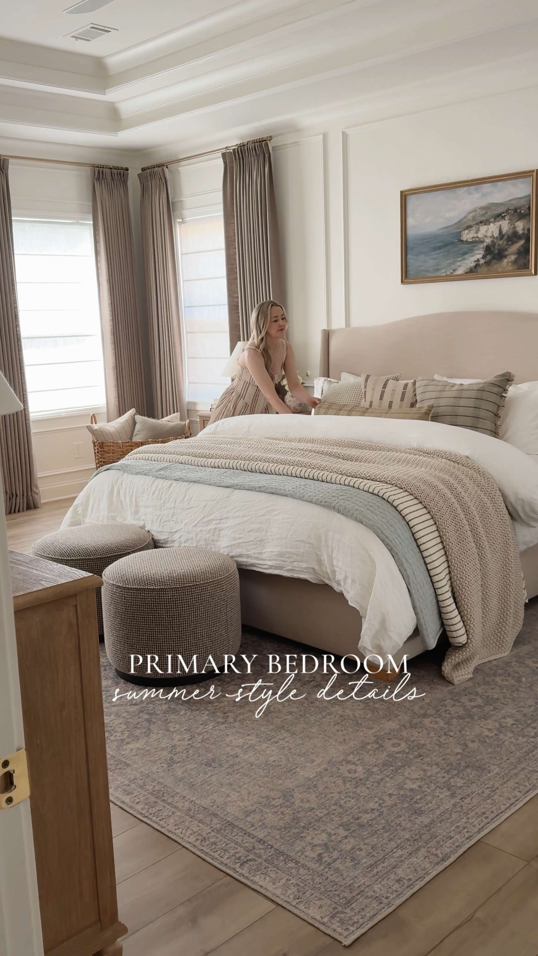 Sharing all of the summer style details through my primary bedroom! I chose small seasonal pops of color and have loved incorporating blue through my home this year! From seasonal art to cozy layered bedding, find my staple pieces and seasonal finds in my primary bedroom.

Home finds, neutral home inspo, furniture favorites, neutral wood tones, linen upholstered bed, primary bedroom refresh, summer refresh, pops of blue, nightstand details, vintage inspired area rug, upholstered ottoman, cozy bedding, linen duvet cover, cozy throw pillow, collected style, pinch pleat curtain, bright and airy, moody table lamp, knit throw blanket, vintage style digital art, Pottery Barn style, Target style, Quince, Etsy, Wayfair, Loloi, Amber Lewis, Two Pages, shop the look!

#LTKSeasonal #LTKHome