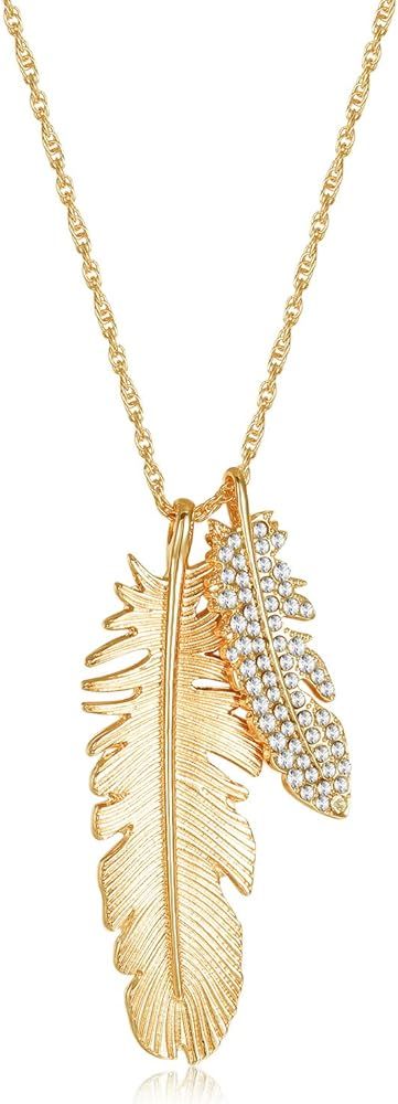 Rose Gold Feather Pendant Necklace - 2 Feathers AAAAA CZ Drop Simulated Plume Statement Y Necklac... | Amazon (US)