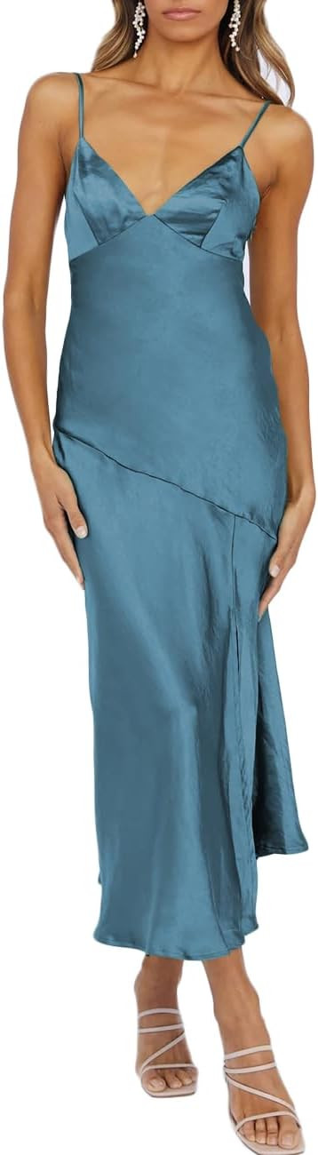 Summer Satin V Neck Silp Midi Dress for Women Wedding Guest 2025 Sexy Spaghetti Strap Backless Lo... | Amazon (US)