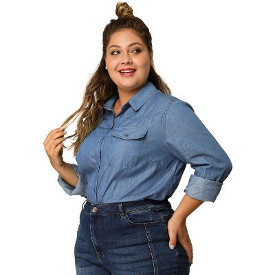 Women's Plus Size Business Casual Long Sleeve Denim Button-Down Shirts - Agnes Orinda 4X Blue | Target
