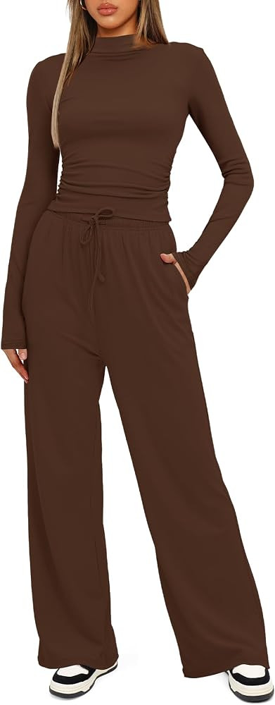 Darong Women's 2 Piece Outfits Lounge Sets Long Sleeve Mock Neck Tops High Wasited Wide Leg Pants... | Amazon (US)