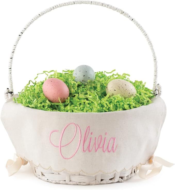 Personalized Easter Egg Basket with Handle and Custom Name in Pink Script | Scallop Edge Linen Ea... | Amazon (US)