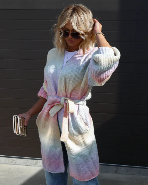 Shades Of Happiness Knit Pocketed Tie Waist Cardigan - Multi - SALE | VICI