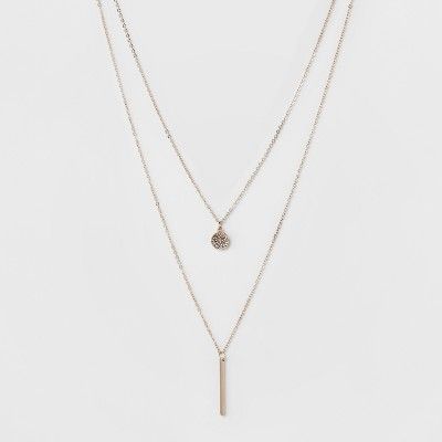 Pave Circle and Thin Bar Two Row Short Necklace - A New Day™ Rose Gold/Clear | Target