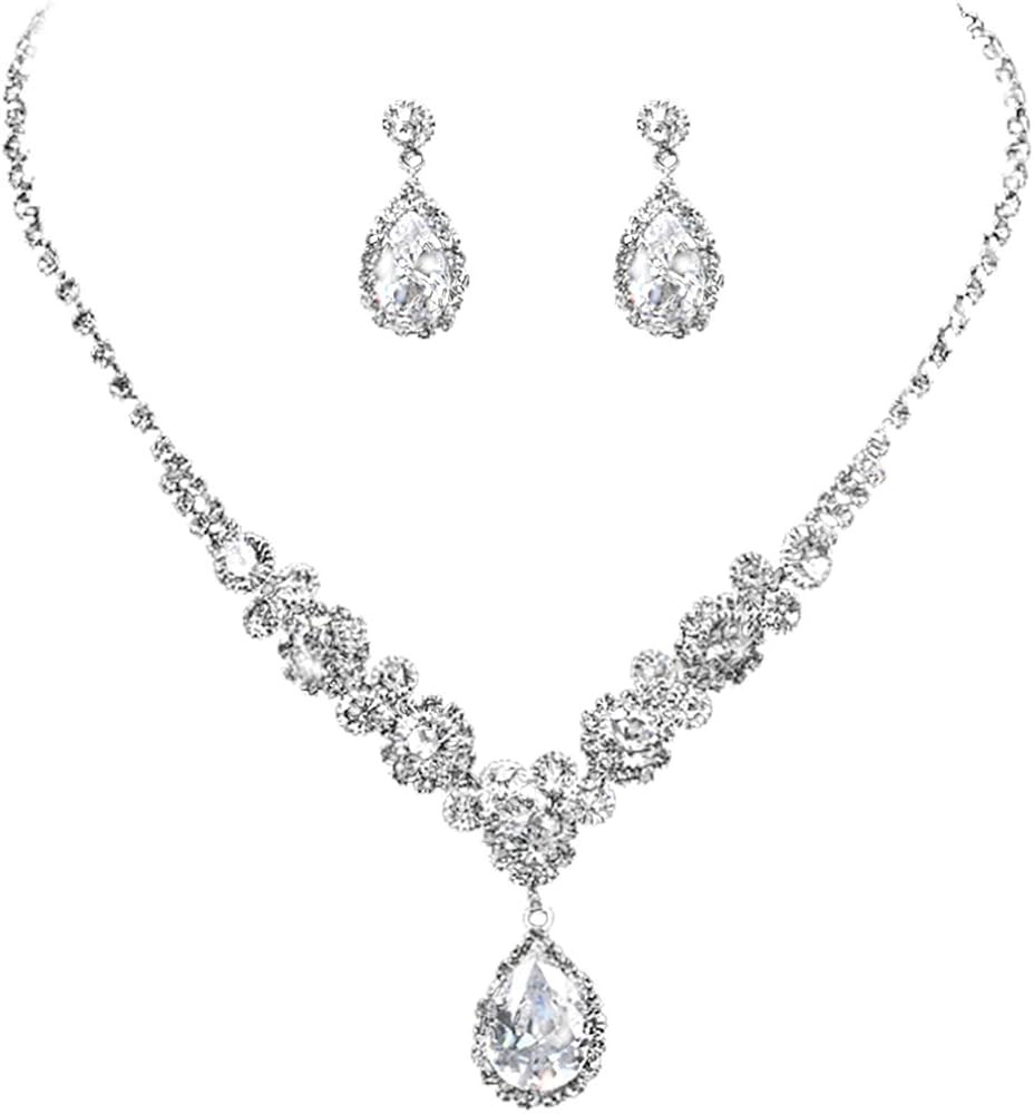 COCIDE Bride Jewelry Set Silver Crystal Wedding Necklace Earrings Bridal Rhinestone Teardrop Pend... | Amazon (US)