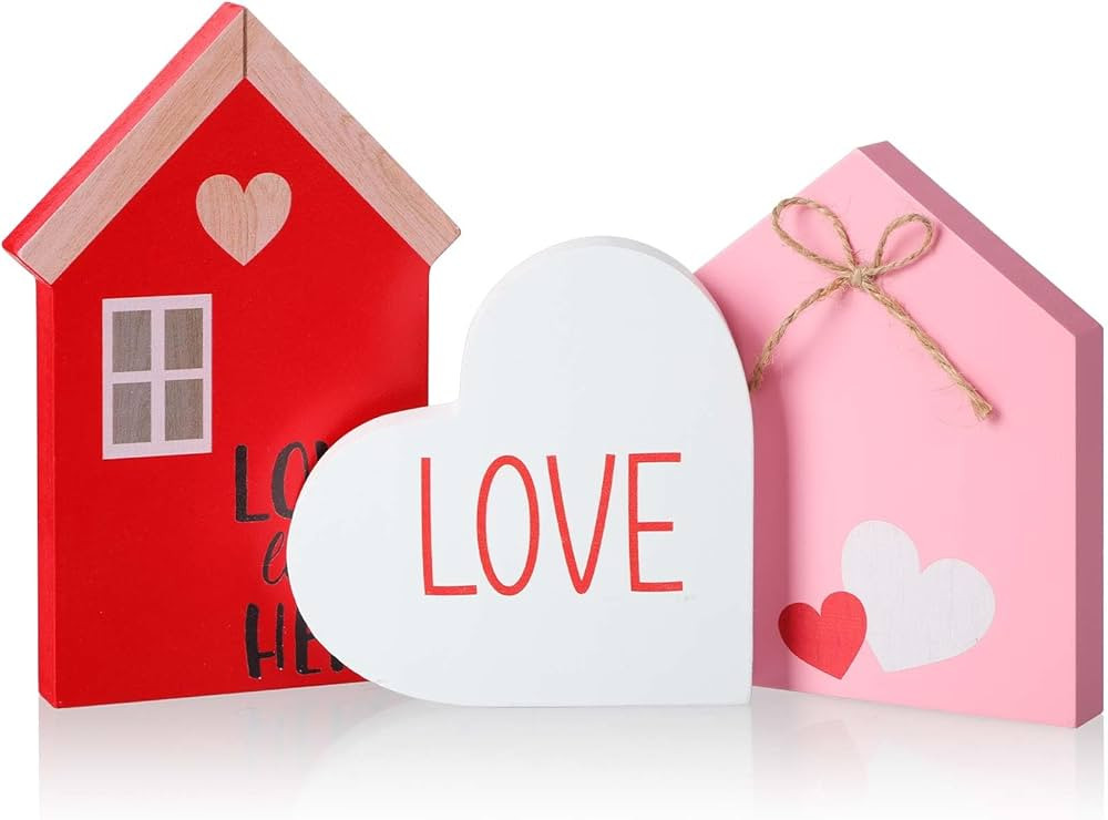 Marsui 3 Pcs Valentine's Day Table Sign House Shaped Wooden Tiered Tray Sign Heart Wooden Table D... | Amazon (US)