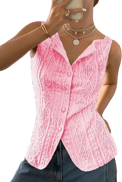 BLENCOT Women's Vest Top Slim Fitted Button Down Knit Vests Stretchy Textured Jacquard Going Out ... | Amazon (US)