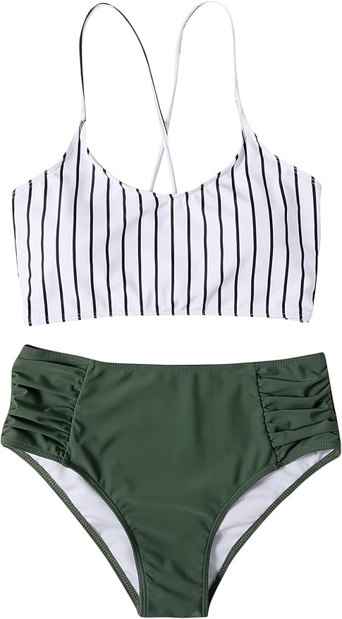 SweatyRocks Women's Bathing Suits Striped Criss Cross Bikini Set High Waisted Swimsuits | Amazon (US)