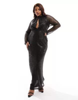 ASOS DESIGN Curve sheer sequin mesh maxi dress with drape bodice and bodysuit in black | ASOS (Global)