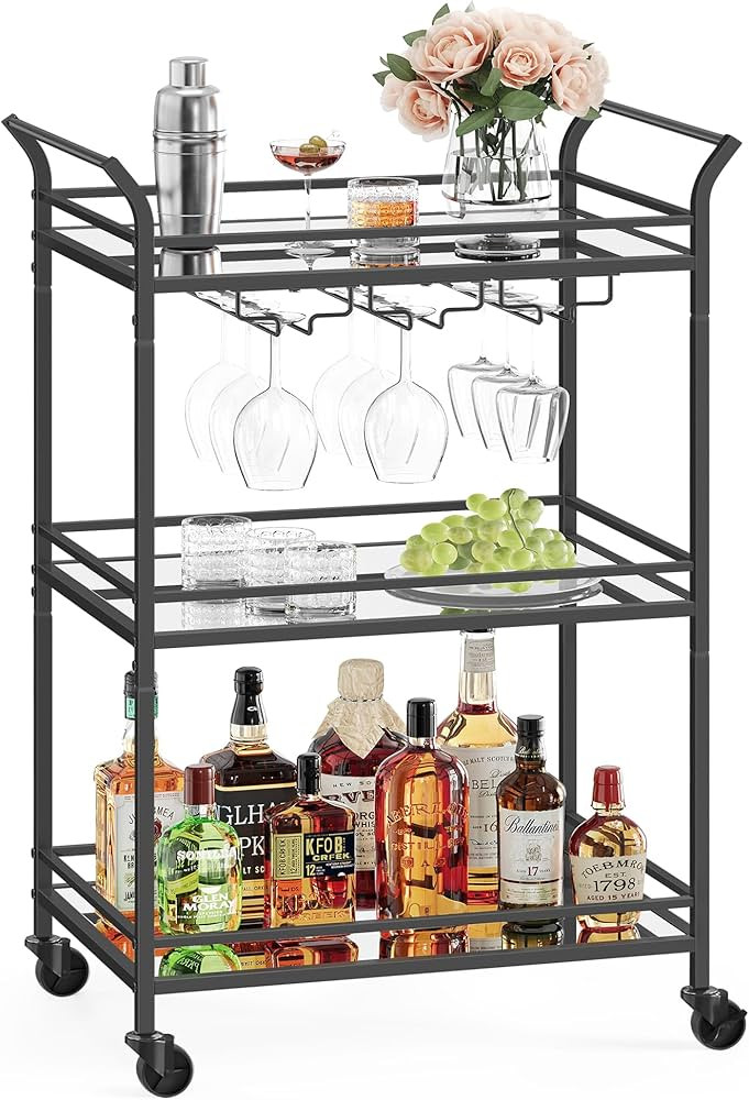 VASAGLE Bar Cart Black, Small Home Bar Serving Cart with 3-Tier Mirrored Shelf, Wine Holders, Gla... | Amazon (US)