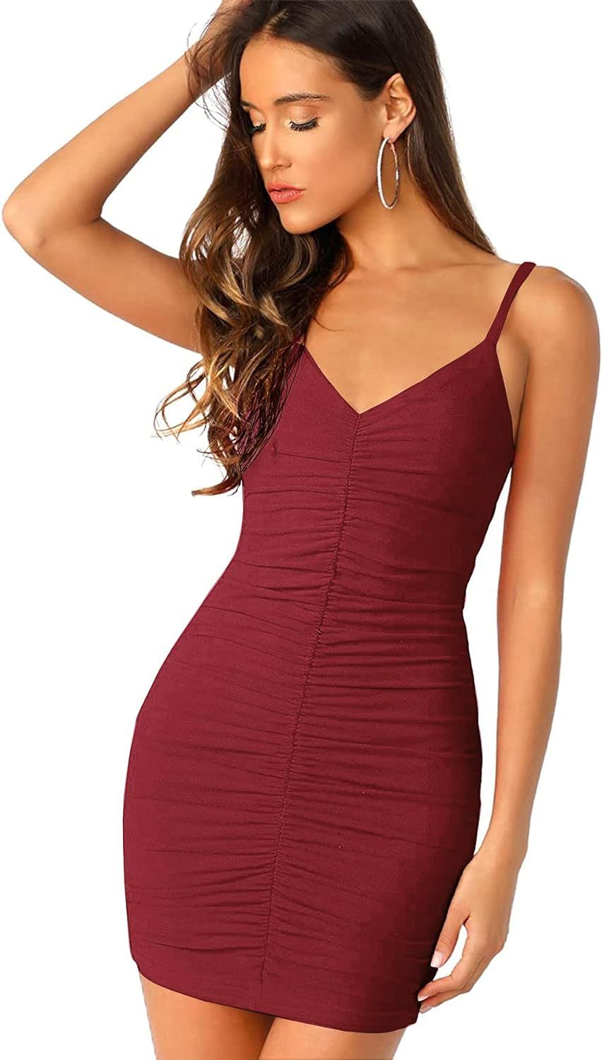SheIn Women's Ruched V Neck Cami Dress Backless Sleeveless Stretchy Bodycon Mini Dress | Amazon (US)