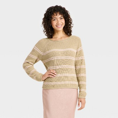 Women's Knit Pullover Sweater - A New Day™ Beige/Pink Striped XS | Target