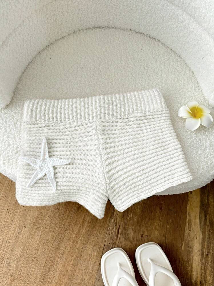 Elamini Crocheted Starfish Texture Pink Knit Shorts | SHEIN