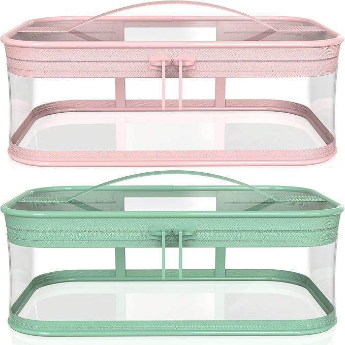 WANBAO 2 Pcs Transparent Makeup Bag Zipper Waterproof Portable Travel Storage Pouch, Pink Green | Amazon (US)