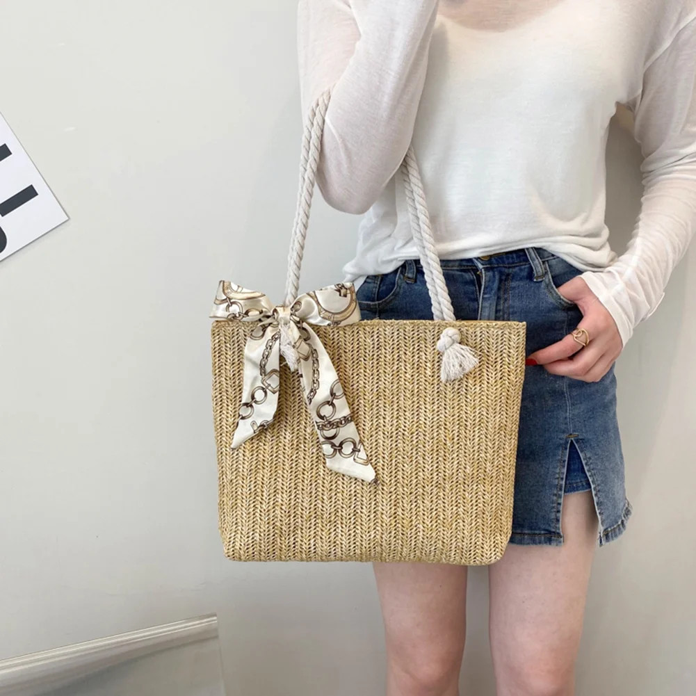 Vakind Retro Women Ladies Straw Woven Silk Scarf Shoulder Tote Bag Large Handbag (Khaki) - Walmar... | Walmart (US)