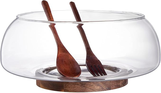 Large Glass Salad Bowl Set with Acacia Wood Base and Salad Serving Utensils, Salad Servers for Pa... | Amazon (US)