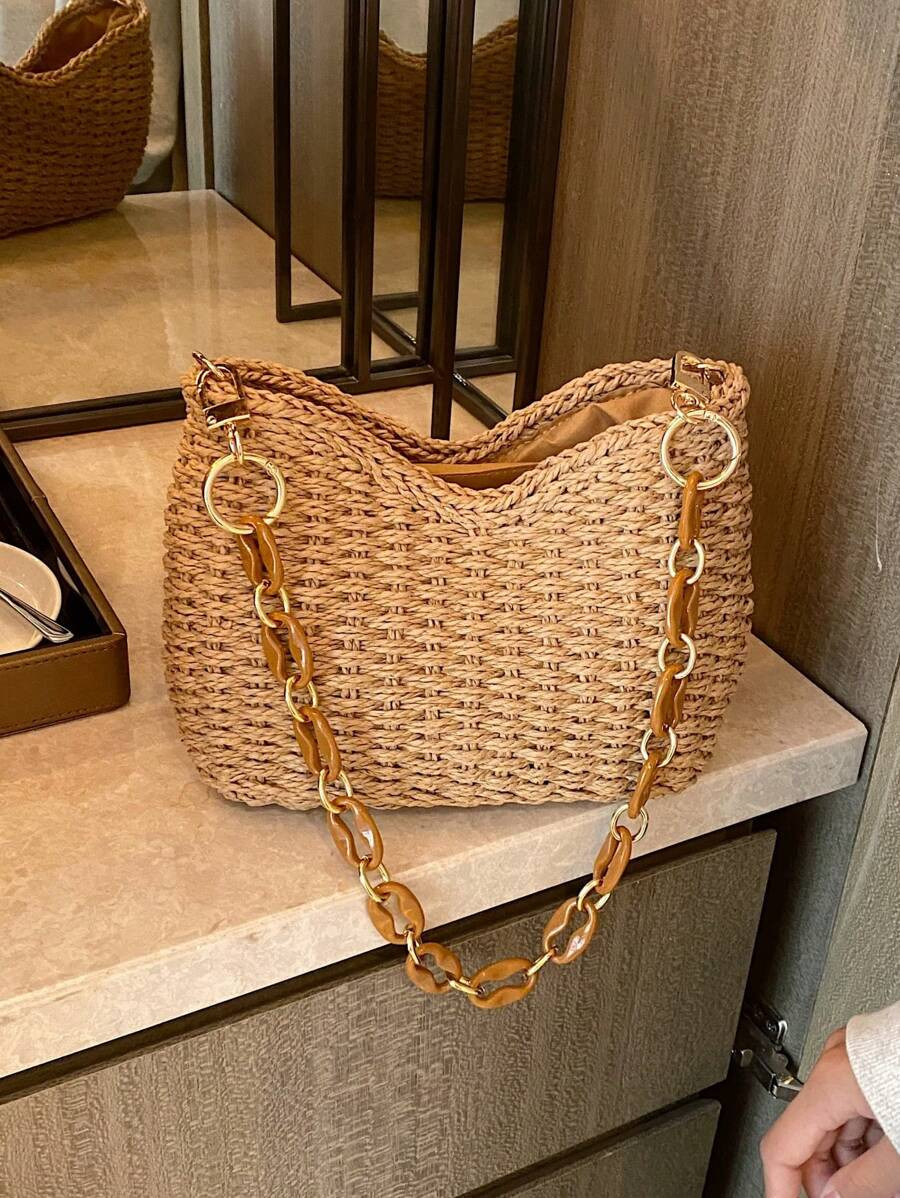 Fashionable Chain Strap Casual Shoulder Bag For Women, Solid Colored Woven Rattan Bag, Handheld V... | SHEIN