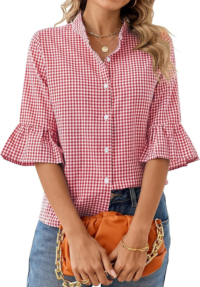 siliteelon Plaid Shirts for Women Gingham Top Button Down Checkered 3/4 Ruffle Sleeve Mandarin Co... | Amazon (US)