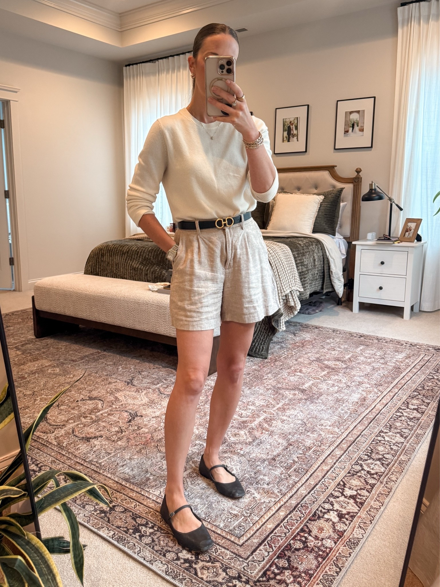 Easy summer workwear outfit with a polished but comfortable feel: Quince lightweight cashmere sweater paired with linen-like trouser shorts, a black belt, and black Mary Janes. A simple capsule wardrobe outfit for casual office days, church, brunch, or summer errands when you want something classic but still breathable.

Use my Quince code: INFG-26LINENANDLIGHTCO10

#LTKSeasonal #LTKgrwm #LTKWorkwear