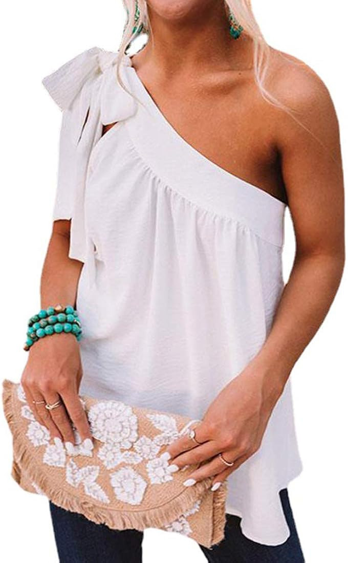 Guteidee Womens One Shoulder Tops Casual Tie Bow Knot Sleeveless Blouse Tunic Shirts | Amazon (US)