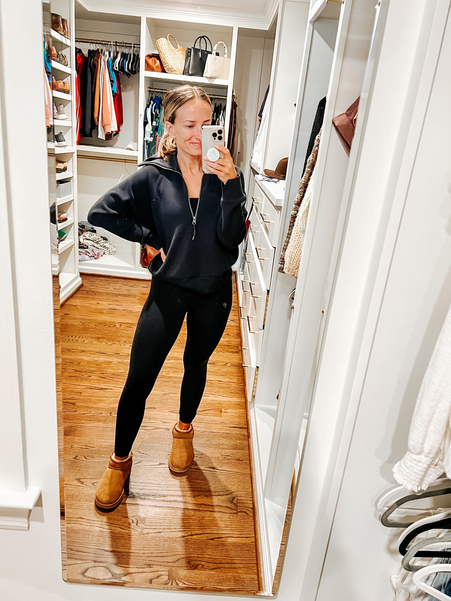 Wearing my Amazon leggings (size XS), SPANX Pullover (XS), and Ultra Mini Uggs (Size up!) #LTKSeasonal #LTKfit #LTKshoecrush