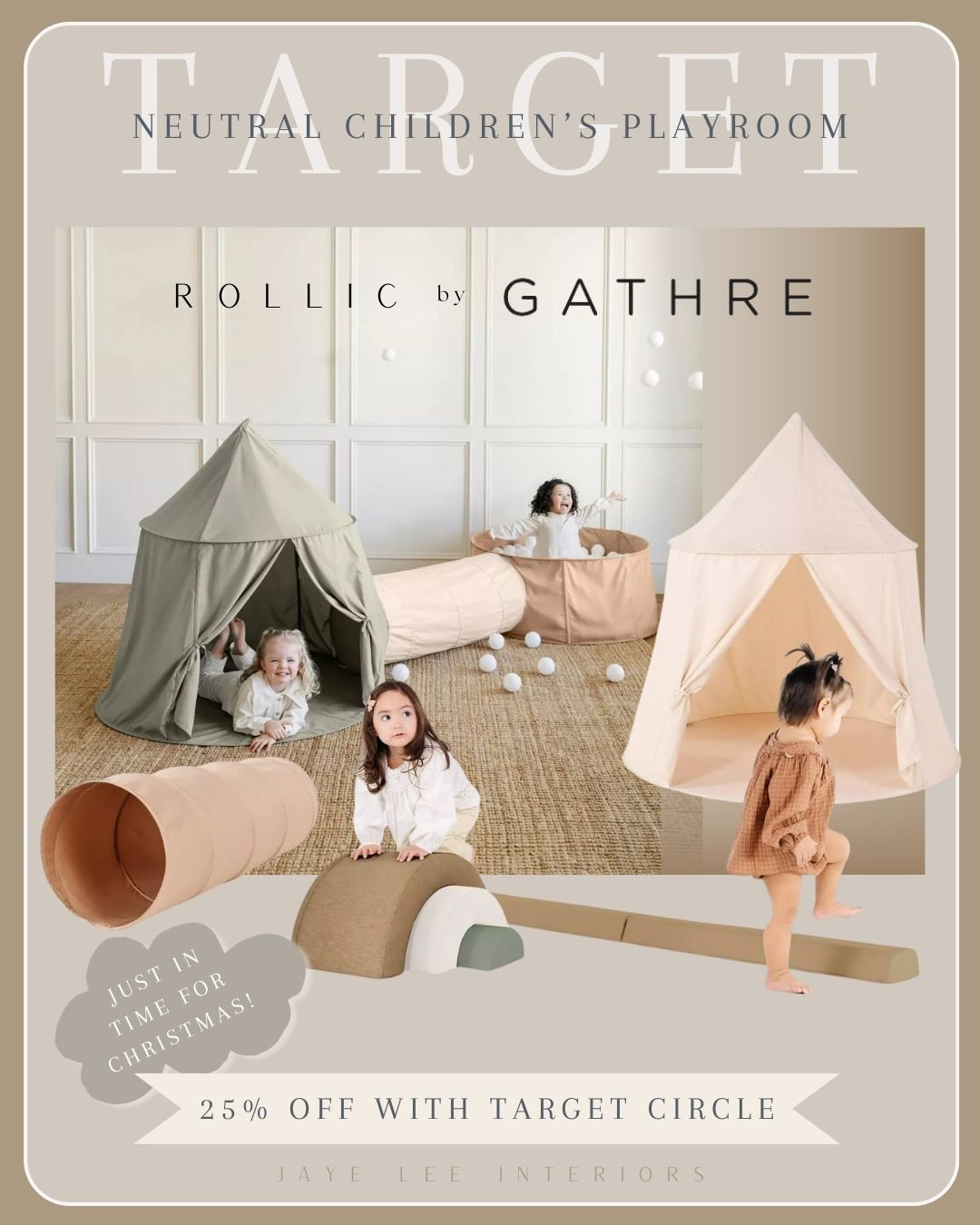 Christmas Gift ideas for playful toddlers at 25% OFF...
One of my favorite Children's brands, "Gathre", has created a line for Target called: "Rollic". The toys are sturdy and fun and very aesthetically considered to integrate seamlessly with your home interiors. 
The Rollic collection is an affordable version of Gathre's high-end toys, and Target is offering 25% OFF any toy through 11/16! Links to my favorite pieces from both collections below:

#LTKFamily #LTKHome
children's playroom, kid's room, toddler toys, toddler gift guide, toddler gift ideas, toys on sale, neutral children's toys, playroom design, aesthetic toys, play tent, teepee, play tunnel, ball pit, balance beam for kids, trampoline for kids, basketball hoop, pouf, climbing toys
 

 #LTKGiftGuide #LTKHoliday #LTKKids