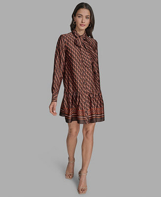 BCBG Women's Satin Tie-Neck Long-Sleeve Shift Dress - Macy's | Macy's