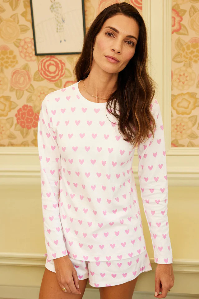 Pima Long-Short Weekend Set in Pink Heart | LAKE Pajamas