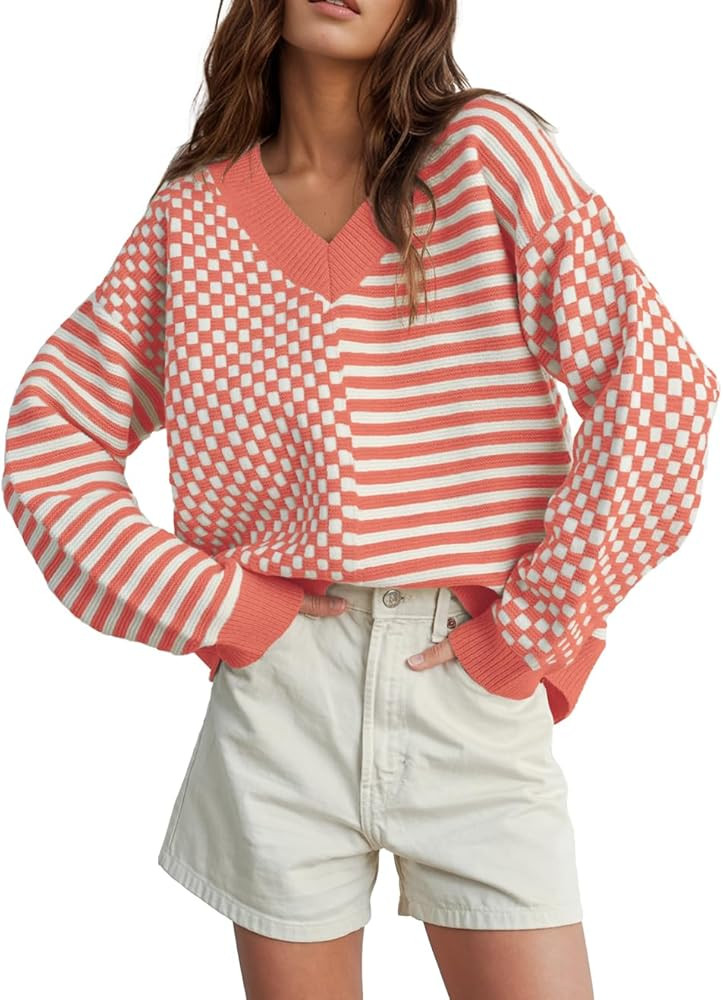UNCLECAT Women's Striped Checkered Sweater 2025 V Neck Fall Sweaters Casual Knit Trendy Pullover ... | Amazon (US)