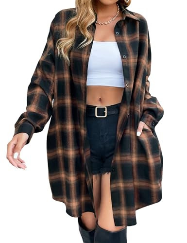 Blooming Jelly Women's Button Down Flannel Shirts Plaid Shacket Mid Long Tshirt Dress Long Sleeve Jacket Coats（XX-Large,Brown Plaid | Amazon (US)