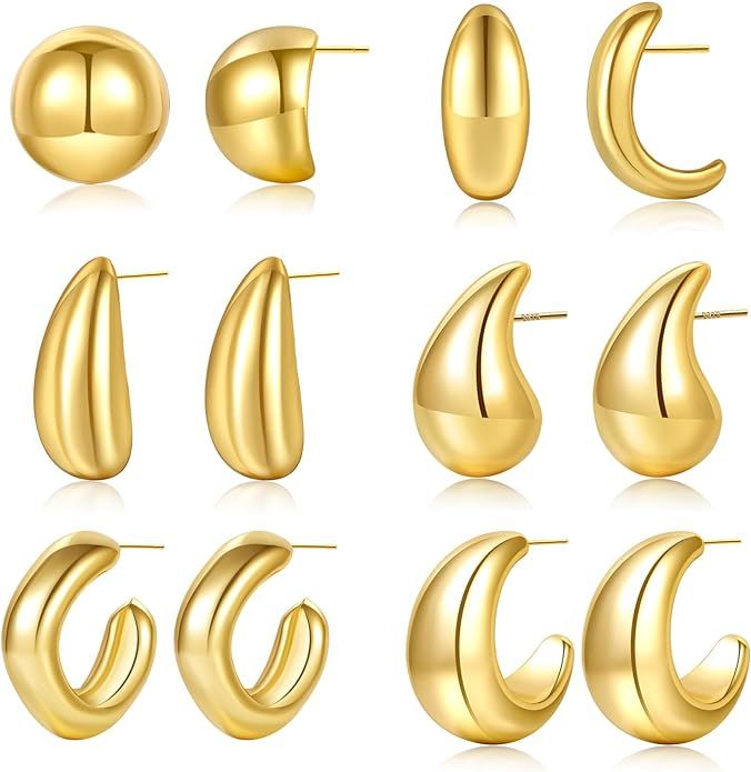 LOUMILEO 6 Pairs Chunky Gold Hoop Earrings Set for Women 14K Gold Plated Teardrop Waterdrop Earri... | Amazon (US)