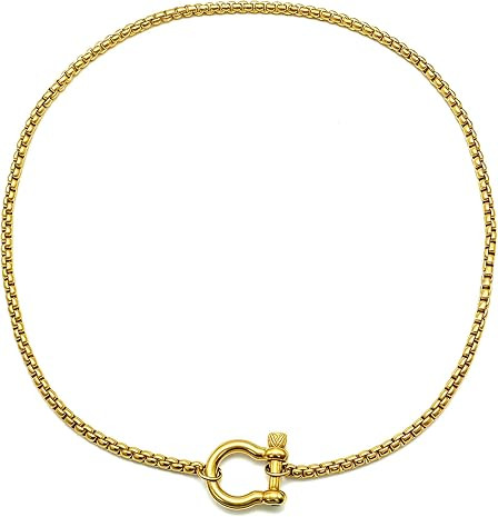 18K Gold Plated Buckle Necklace with Heavy Screw Anchor Shackle Wheat Chain Two Tone Carabiner 17... | Amazon (US)
