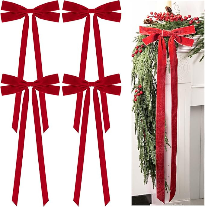 4 Pcs 31.5" x 9.8" Large Red Velvet Christmas Swag Wreath Bows, Rustic Velvet Staircase Fireplace... | Amazon (US)