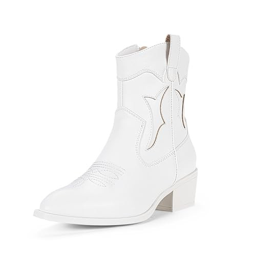 Vepose Women's 9815 Cowboy Boots,White Western Cowgirl Boots for Women, Embroided Square Toe Pull on Ankle Boots with Inside Zipper Size 9.5(CJY9815 White 09.5) | Amazon (US)
