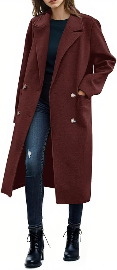 Womens Winter Double Breasted Pea Coats Long Trench Coat Casual Work Office Overcoat with Pocket | Amazon (US)
