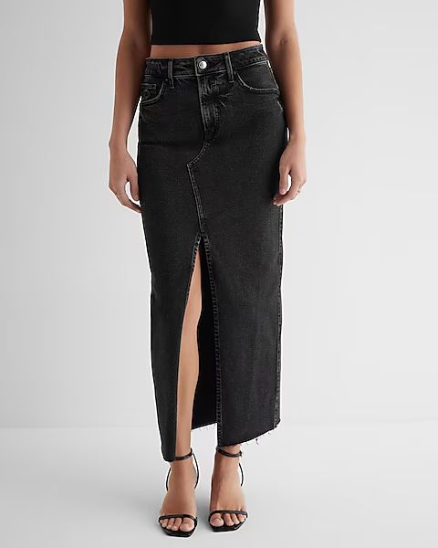 High Waisted Black Raw Hem Front Slit Maxi Denim Skirt | Express (Pmt Risk)