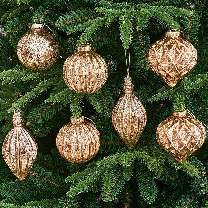 Osfvn Mercury Glass Christmas Ornaments Set of 8 Champagne Gold 3.7 Inches Large Hanging Balls Fi... | Amazon (US)
