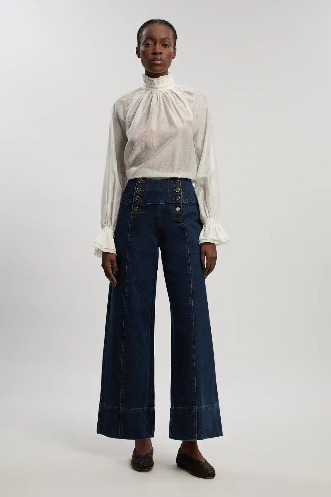 Cream Denim Button Front Wide Leg Jeans | Karen Millen USA | Karen Millen US