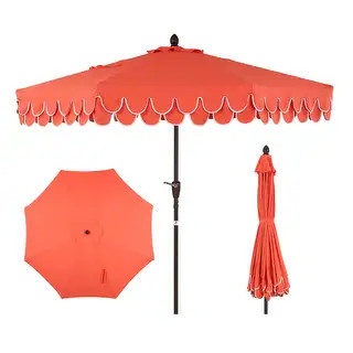 Spencer 9 ft. Classic Scalloped Fringe Market Patio Umbrella with Auto-Tilt, Crank, Wind Vent and... | Bed Bath & Beyond