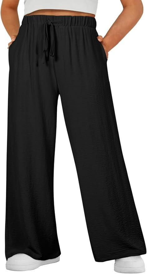 Eytino Womens Plus Size Pants Summer Elastic High Waist Drawstring Casual Loose Wide Leg Trousers... | Amazon (US)