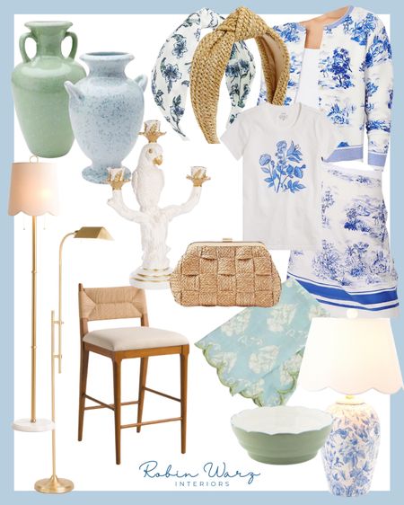 Blue and green spring fines, blue toile cardigan, blue chinoiserie cardigan, blue floral skirt, blue and green scout, napkins, green scalloped bowl, green serving bowl, green wavy bowl, blue chinoiserie lamp, counter stool, rattan counter, stool, apothecary lamp, Pharmacy lamp, scalloped lamp, green vase, blue vase, Rattan headband, rattan purse, woven purse, woven bag, blue and white T-shirt

#LTKhome #LTKsalealert #LTKfindsunder100