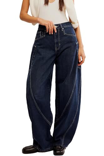 D-Sun Women's Barrel Jeans Wide Leg High Waist Denim Pants Baggy Casual Y2K Trousers Vintage with Large Side Pockets Dark Blue | Amazon (US)