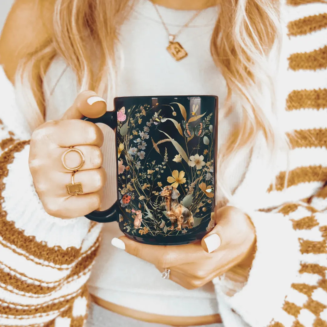 Doxie mug dachshund gifts for wiener mom sausage dog mug Cottagecore Black Mug dark cottagecore g... | Etsy (US)