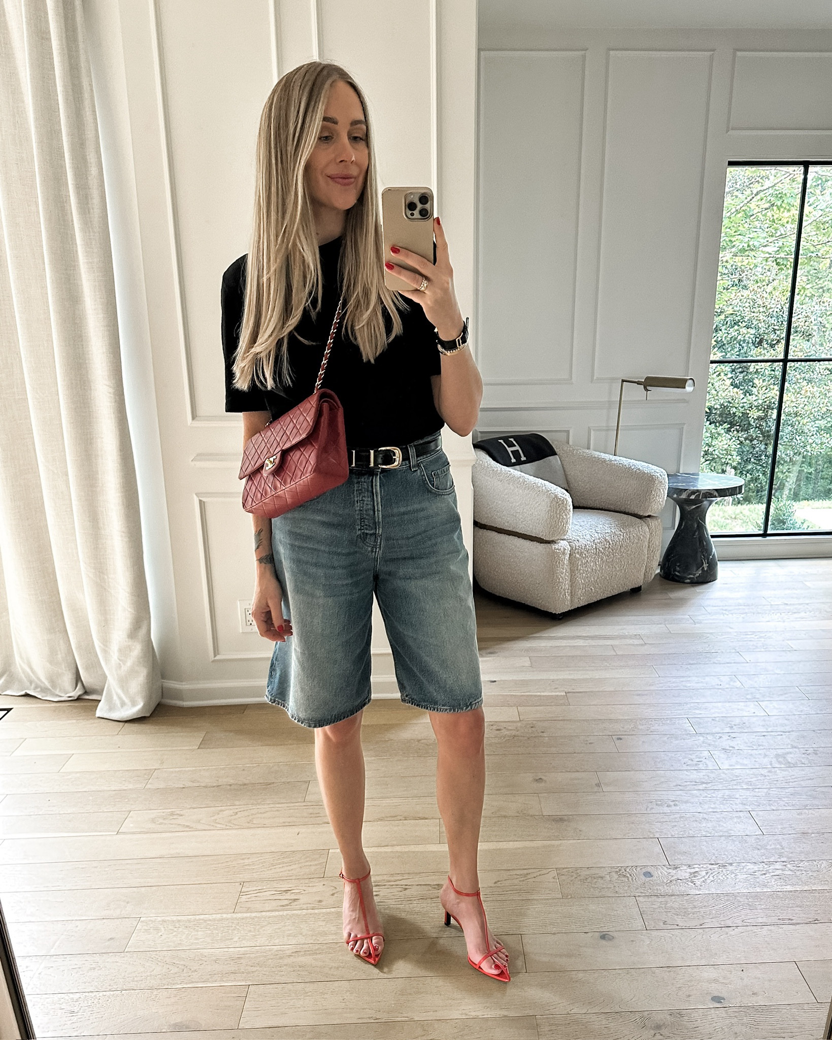 Denim Bermuda shorts outfit, black tshirt and shorts outfit, summer outfit 

#LTKOver40 #LTKShoeCrush #LTKStyleTip