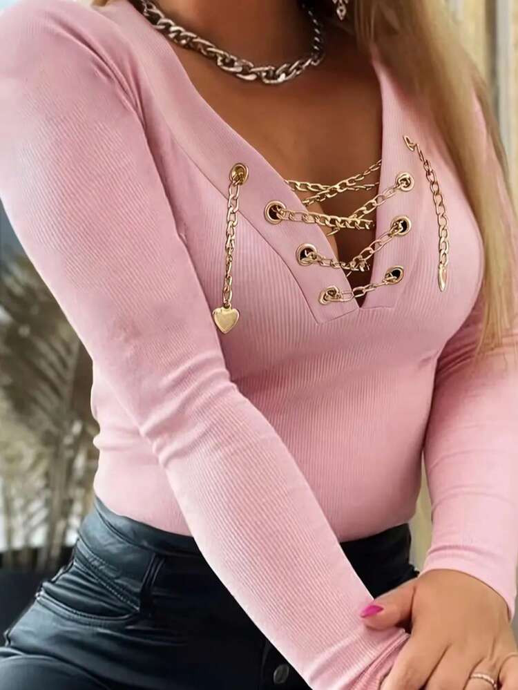 Plus Size Women Elegant V-Neck Long Sleeve T-Shirt With Metal Cross Chain Decor, Fashionable Solid Color Casual Top Pink Spring | SHEIN