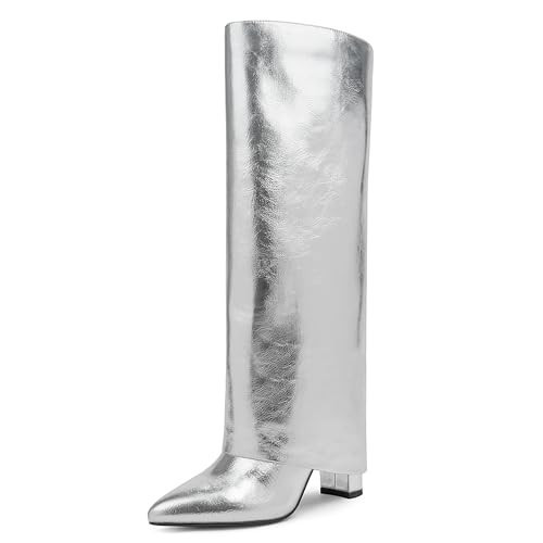 Modatope Knee High Silver Boots for Women Silver Fold Over Knee High Boots Chunky Heel Pointed Toe Long Boots Zipper Tall Silver Boots Size 8.5 | Amazon (US)